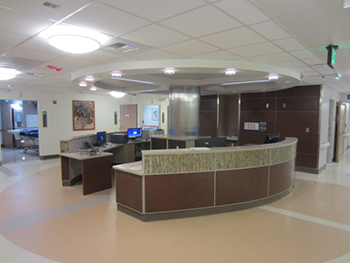 The Central Nurse Station at Sharp Grossmont Hospital was one of many upgrades and modernizations made to the East Tower Nursing Unit. Photo Credit: The Hoyt Organization
